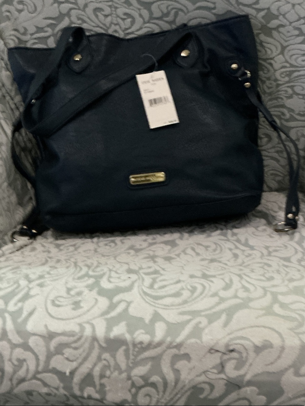 Steve Madden Dark Navy Pebble Tote with Gold Plate